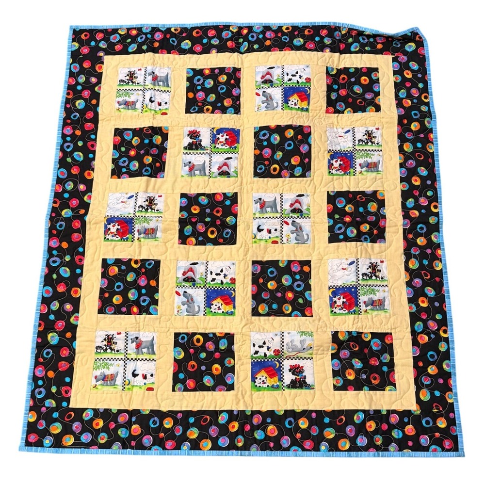 Handmade Baby Quilt Patchwork Dog Puppy Print Nursery Blanket 37x42 Multicolor